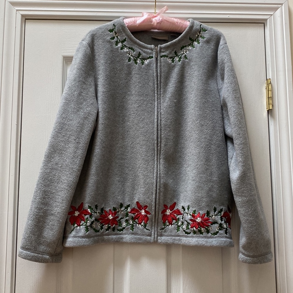 3/$39 - Croft & Barrow Grey Embroidered Holiday Full Zip Fleece, Size Large